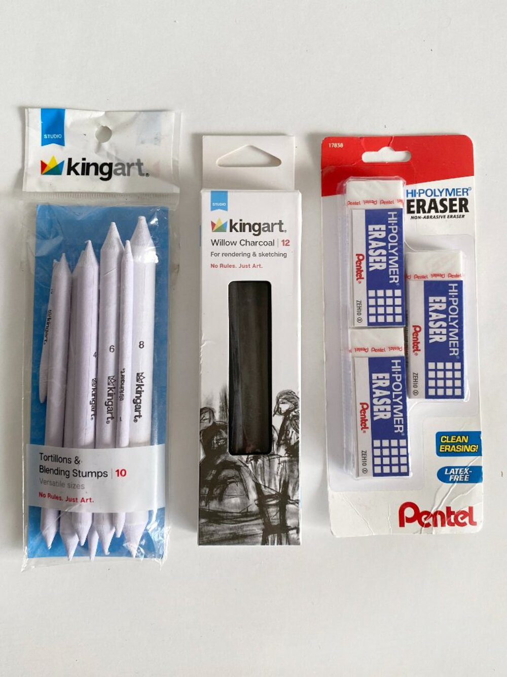 BUNDLE: KINGART Blending Tools, Willow Charcoal, Pentel Erasers
